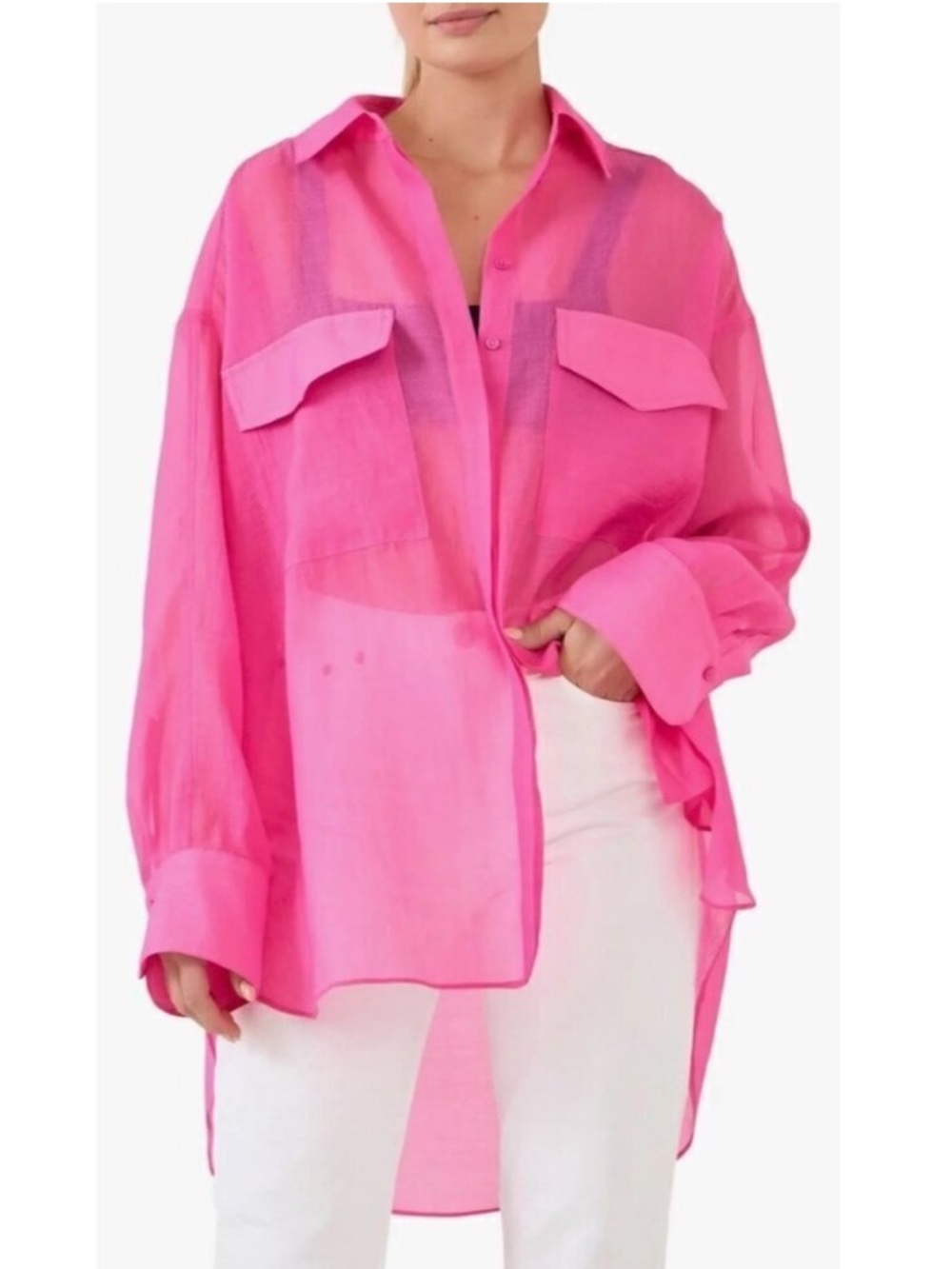 ▪️Grey Lab Woman's Sheer Oversize Overshirt in
Pink with Belt